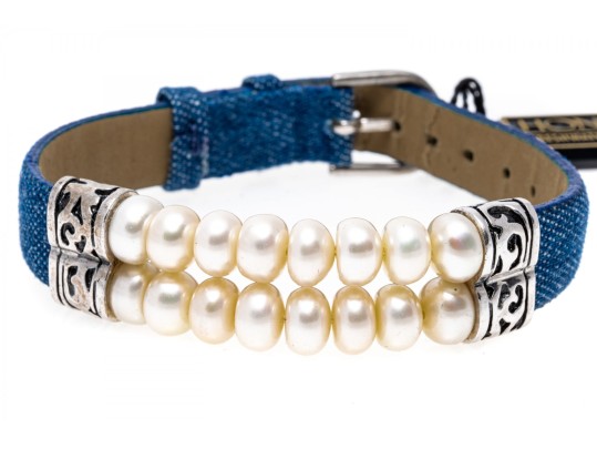 Honora Fun White Cultured Freshwater Pearl And Denim Strap Bracelet