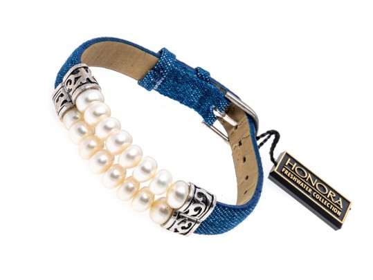 Honora Fun White Cultured Freshwater Pearl And Denim Strap Bracelet