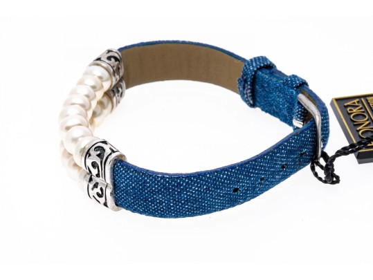 Honora Fun White Cultured Freshwater Pearl And Denim Strap Bracelet