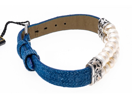 Honora Fun White Cultured Freshwater Pearl And Denim Strap Bracelet