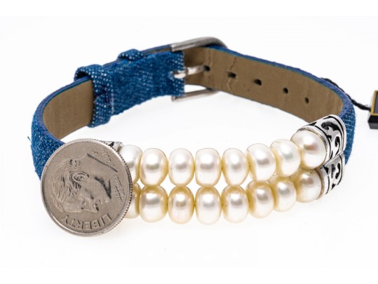 Honora Fun White Cultured Freshwater Pearl And Denim Strap Bracelet