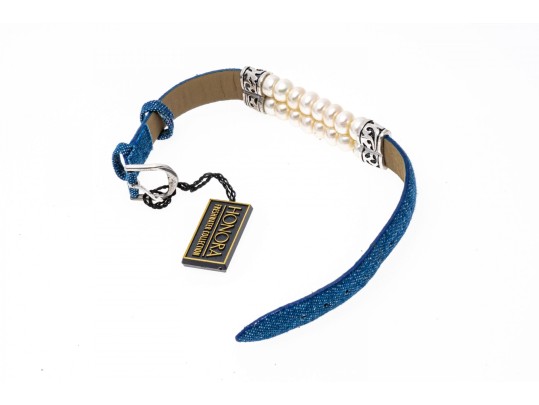 Honora Fun White Cultured Freshwater Pearl And Denim Strap Bracelet