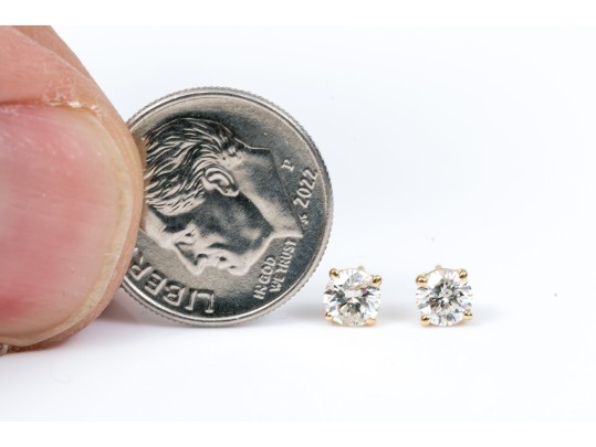 14k Yellow Gold Classic Round Brilliant Diamonds Stud Earrings, App. 0.52 TCW