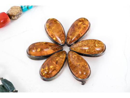 Collection Of Hard Stone Necklaces, Bracelet And Brooch