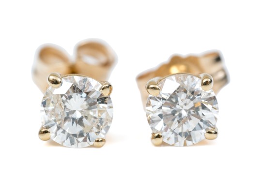 14k Yellow Gold Classic Round Brilliant Diamonds Stud Earrings, App. 0.52 TCW