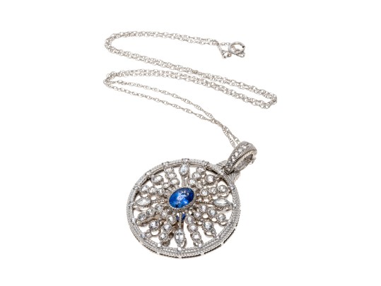 Sterling Blue And White Sapphire Disk Pendant Necklace