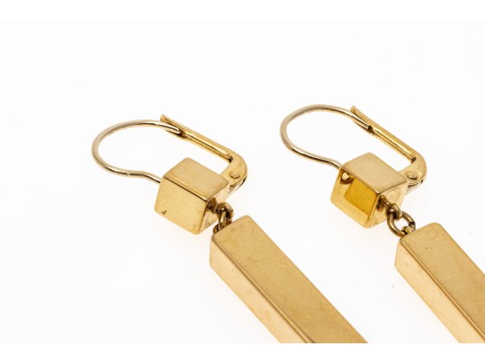 18k Yellow Gold Contemporary Block Motif Drop Pendant Earrings