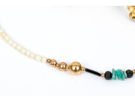 Lot Of Three Blue And Tan Jewelry Pieces, Including Two Cord Bracelets And A Beaded Necklace