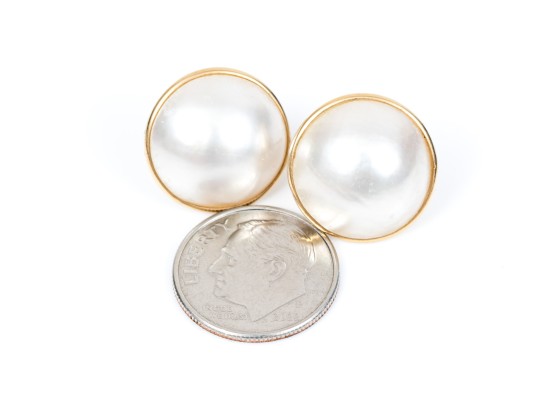 14k Yellow Gold Classic Cultured Mabe Pearl Earrings With 18k White Gold Clutches