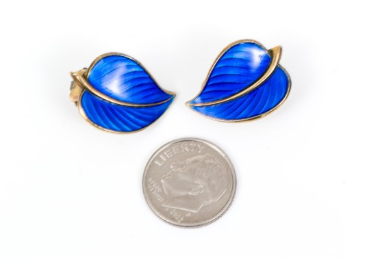 Sterling Norway Opposing Blue Enamel Leaf Clip Earrings