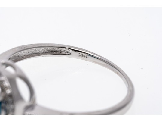 14K White Gold Beautiful London Blue Topaz & Diamond Halo RIng, Size 7