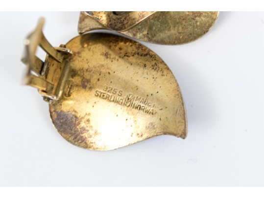 Sterling Norway Opposing Blue Enamel Leaf Clip Earrings