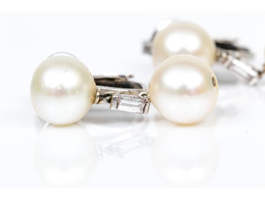 14k White Gold Vintage 8mm Cultured Pearl Drop Earrings With Baguette Diamond Accents