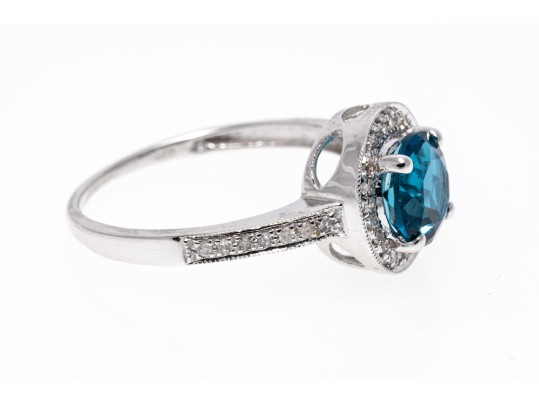 14K White Gold Beautiful London Blue Topaz & Diamond Halo RIng, Size 7