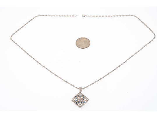 14K White Gold Diamond And Sapphire Lozenge Pendant And Chain