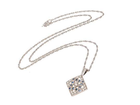 14K White Gold Diamond And Sapphire Lozenge Pendant And Chain