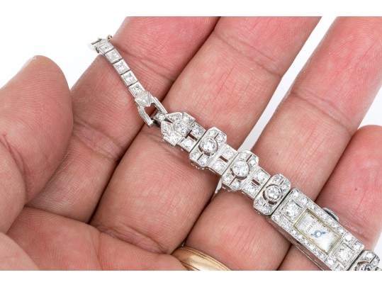 Antique 14K White Gold And Diamond Mechanical Watch