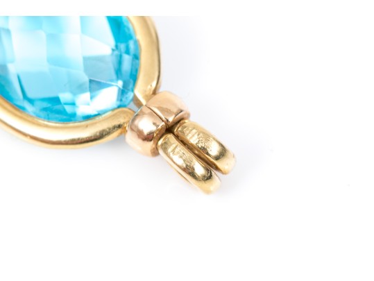 18k Yellow Gold Fabulous Blue Topaz Double Sided Checkerboard Cushion Pendant