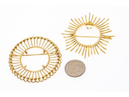 Two Radiating 14K Coin Holder Brooches