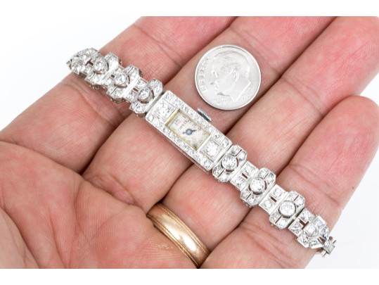 Antique 14K White Gold And Diamond Mechanical Watch