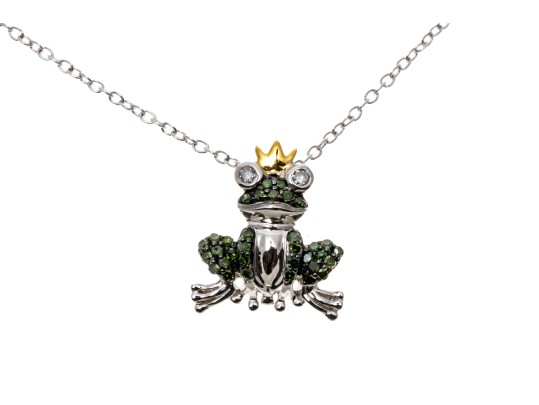 Charming Crowned Frog And Green Diamond Pendant With Sterling Chain Necklace