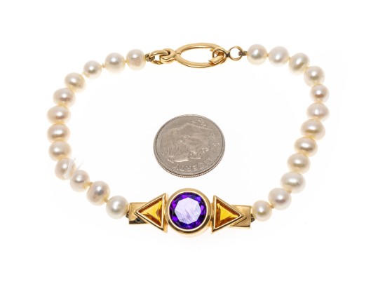 Yellow Gold Stunning Amethyst And Citrine Cultured Freshwater Pearl Bracelet