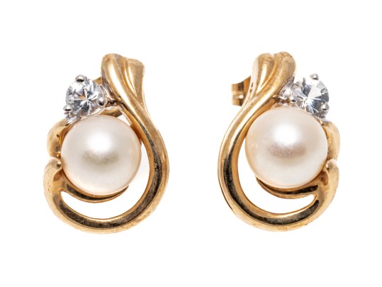 14k Yellow Gold Retro 6.5 Mm Cultured Pearl And White Sapphire Swirl Earrings
