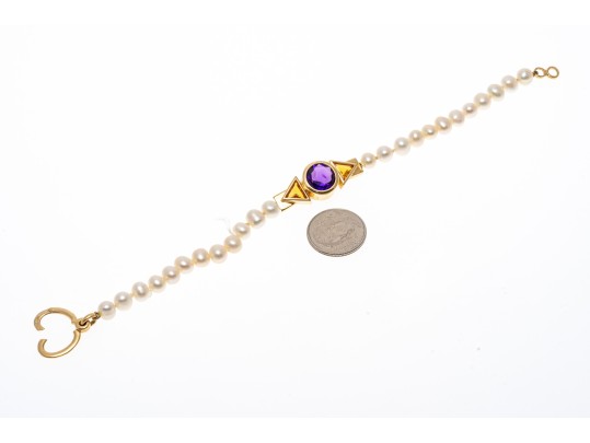 Yellow Gold Stunning Amethyst And Citrine Cultured Freshwater Pearl Bracelet
