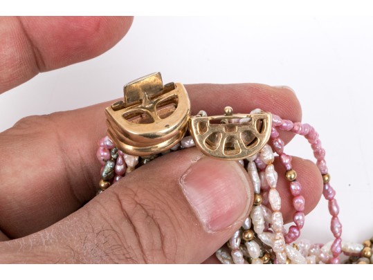 Fantastic 14K Multi Stranded Pink, Green And White Keshi Pearl Necklace