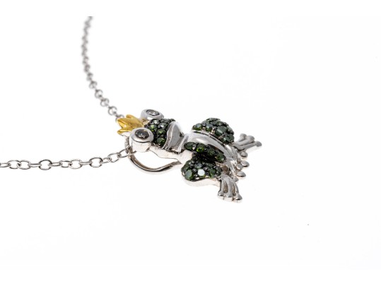 Charming Crowned Frog And Green Diamond Pendant With Sterling Chain Necklace