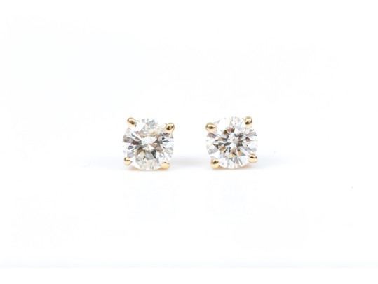 14k Yellow Gold Classic Round Brilliant Diamonds Stud Earrings, App. 0.52 TCW