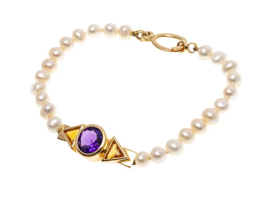 Yellow Gold Stunning Amethyst And Citrine Cultured Freshwater Pearl Bracelet