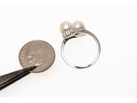 Fantastic 18K White Gold Twin Pearl Ring, Size 6.25-