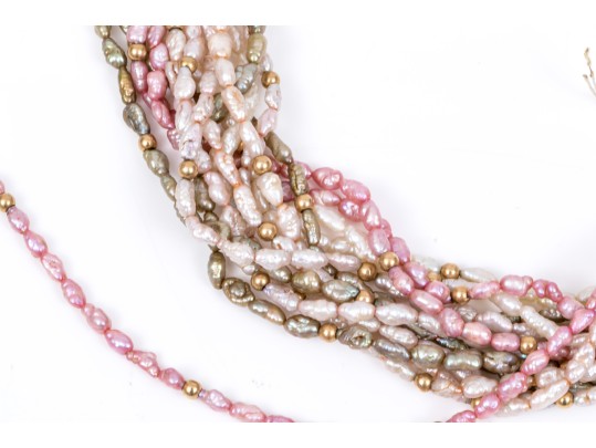 Fantastic 14K Multi Stranded Pink, Green And White Keshi Pearl Necklace
