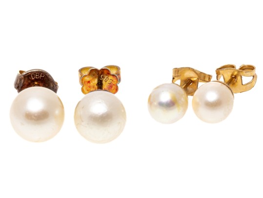 Two Pairs Of 14K Pearl Stud Classic Earrings