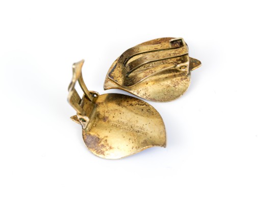 Sterling Norway Opposing Blue Enamel Leaf Clip Earrings