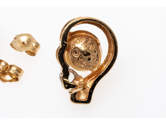 14k Yellow Gold Retro 6.5 Mm Cultured Pearl And White Sapphire Swirl Earrings