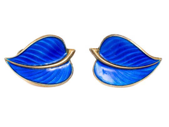 Sterling Norway Opposing Blue Enamel Leaf Clip Earrings