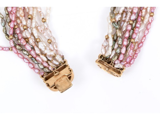 Fantastic 14K Multi Stranded Pink, Green And White Keshi Pearl Necklace