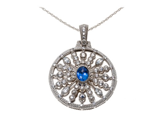 Sterling Blue And White Sapphire Disk Pendant Necklace