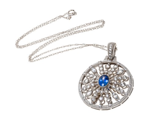 Sterling Blue And White Sapphire Disk Pendant Necklace