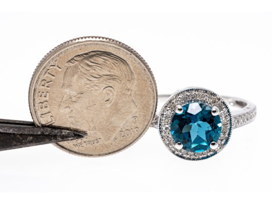 14K White Gold Beautiful London Blue Topaz & Diamond Halo RIng, Size 7