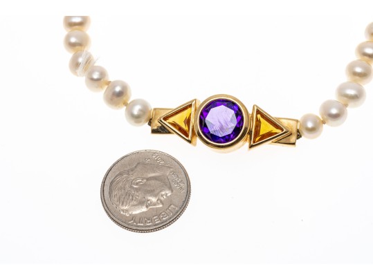 Yellow Gold Stunning Amethyst And Citrine Cultured Freshwater Pearl Bracelet