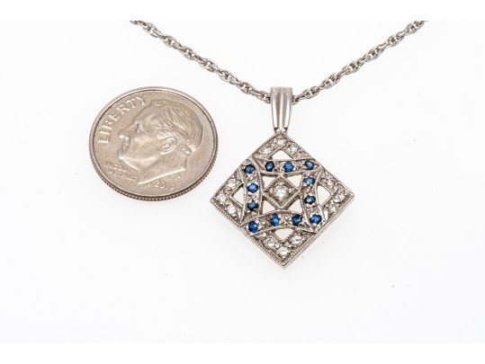 14K White Gold Diamond And Sapphire Lozenge Pendant And Chain