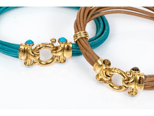 Lot Of Three Blue And Tan Jewelry Pieces, Including Two Cord Bracelets And A Beaded Necklace