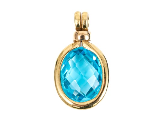 18k Yellow Gold Fabulous Blue Topaz Double Sided Checkerboard Cushion Pendant