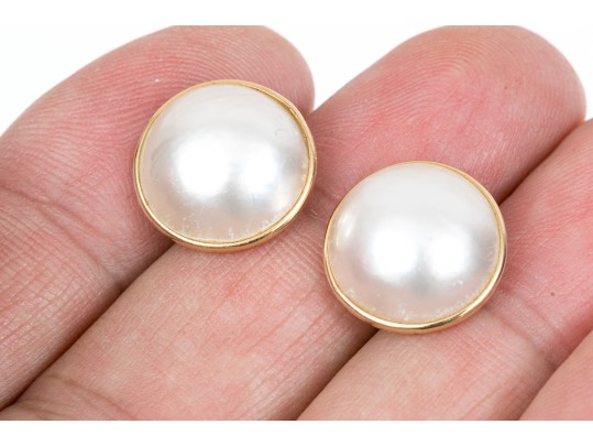 14k Yellow Gold Classic Cultured Mabe Pearl Earrings With 18k White Gold Clutches