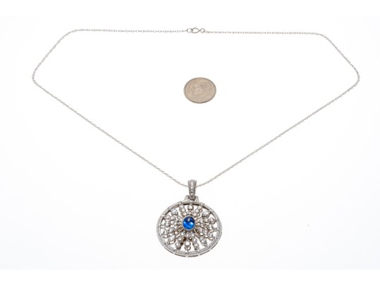 Sterling Blue And White Sapphire Disk Pendant Necklace