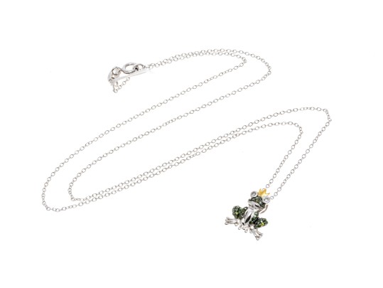 Charming Crowned Frog And Green Diamond Pendant With Sterling Chain Necklace