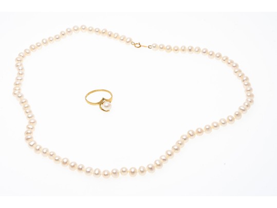 10K Freshwater Pearl Necklace And Ring, Size 5.75+